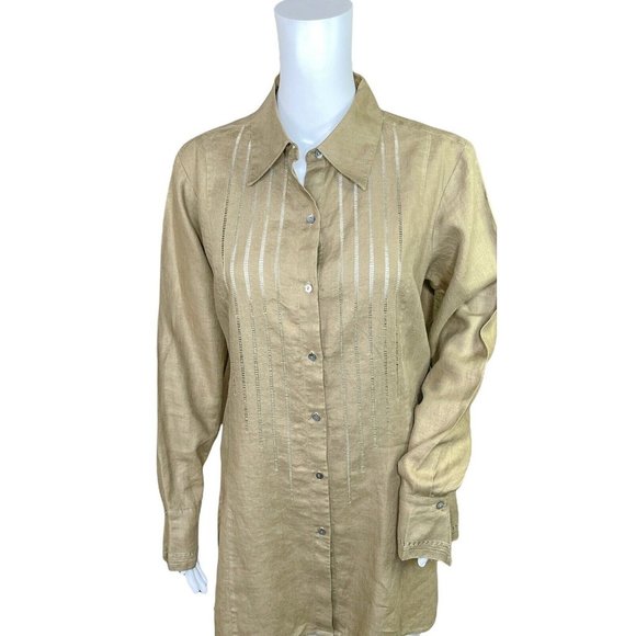 Valerie Stevens Brown Linen Long Sleeve Button Front Tunic Top Size Medium - Picture 3 of 9